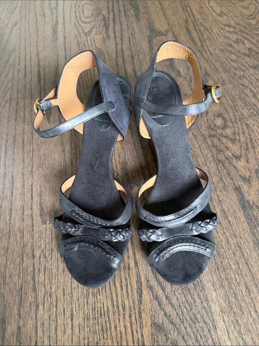 Chloe Black Braided-Strap Ankle-Heel Sandals